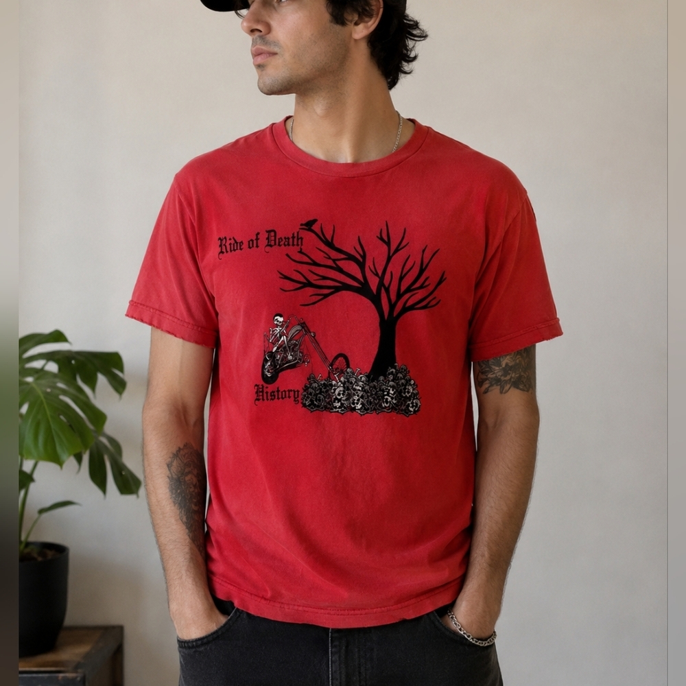 Vintage History Ride of Death Graphic Tee Men’s Size Medium Red Embossed Gothic